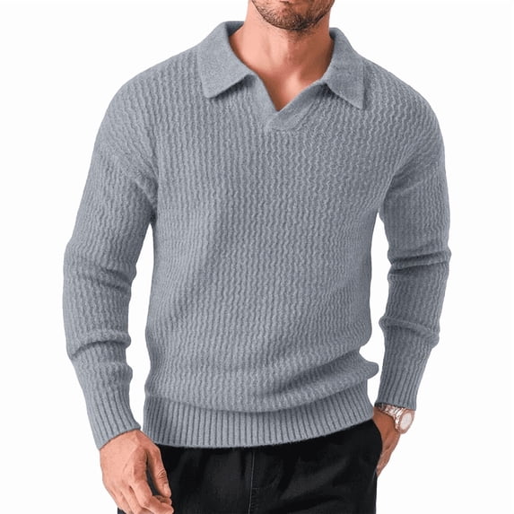 Men's Long Sleeve Collared V Neck Knit Sweater Textured Classic Fit Pullover