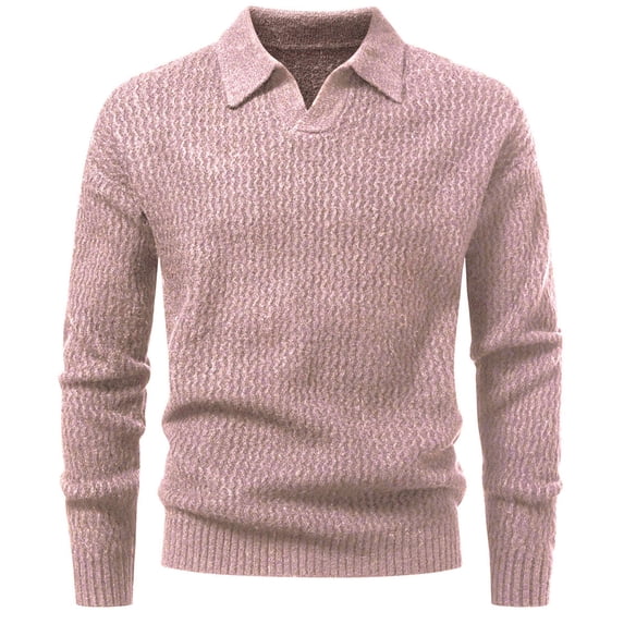 Men's Long Sleeve Collared V Neck Knit Sweater Textured Classic Fit Pullover