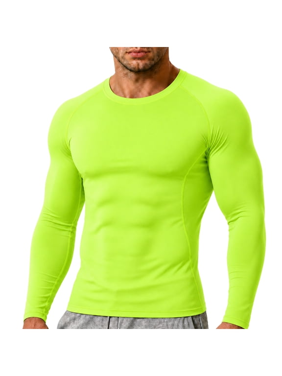 Men's Long Sleeve Compression Shirt, Quick Dry High Stretch Athletic Base Layer Top, Moisture Wicking Workout T-Shirt for Gym Running Training 05-Fluorescent Green XXXL