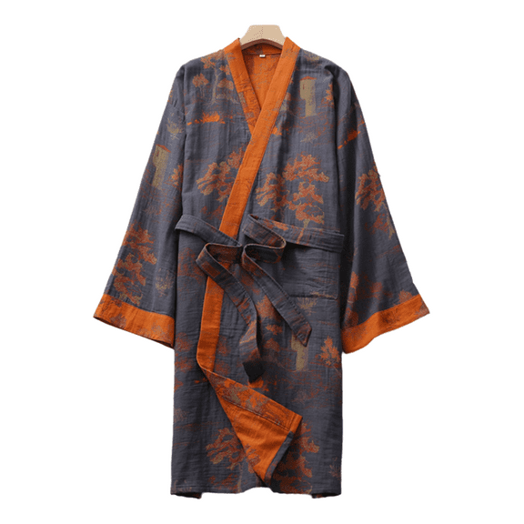Men’s Long Sleeve Cotton Jacquard Bathrobe, Lightweight Combed Cotton Gauze Robe with Wide Belt, Chinese Style Homewear for Spring and Summer
