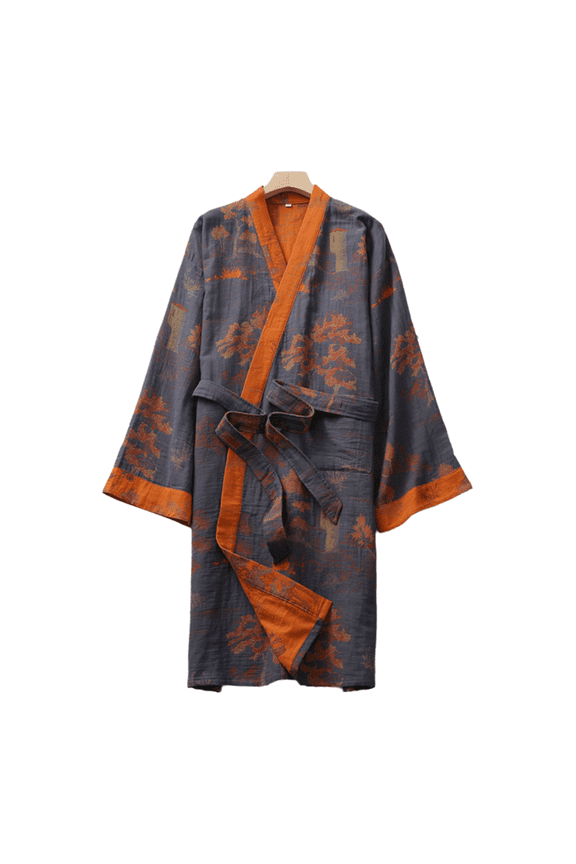 Men’s Long Sleeve Cotton Jacquard Bathrobe, Lightweight Combed Cotton Gauze Robe with Wide Belt, Chinese Style Homewear for Spring and Summer