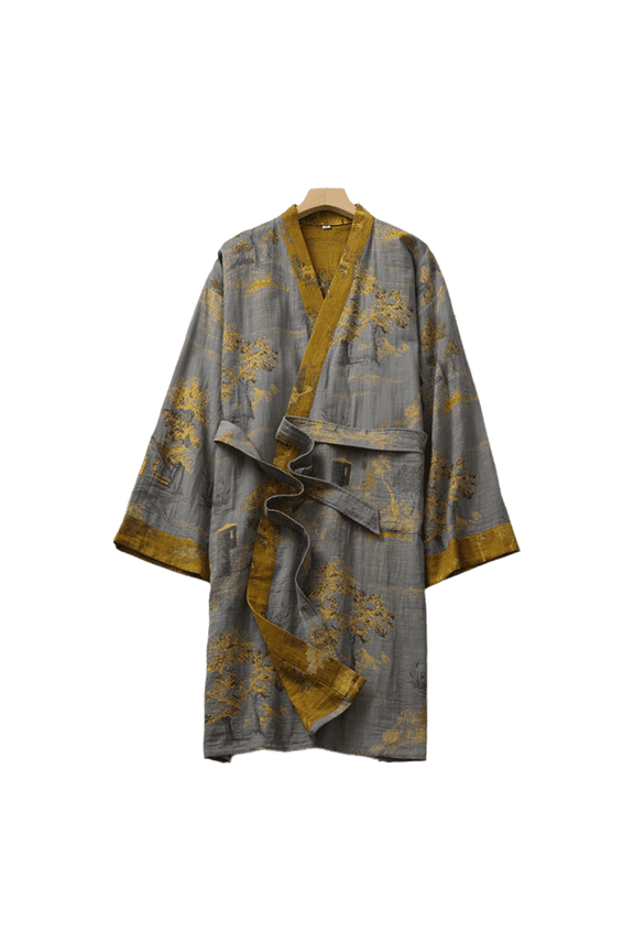 Men’s Long Sleeve Cotton Jacquard Bathrobe, Lightweight Combed Cotton Gauze Robe with Wide Belt, Chinese Style Homewear for Spring and Summer