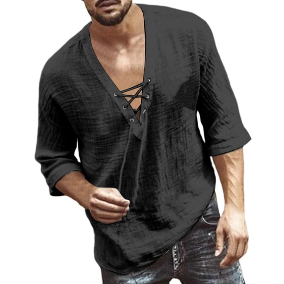 Men's Long Sleeve Cotton Linen Shirts Lace Up Solid Color Mid Sleeve Fashion Casual Shirts Casual Summer Beach T Shirts