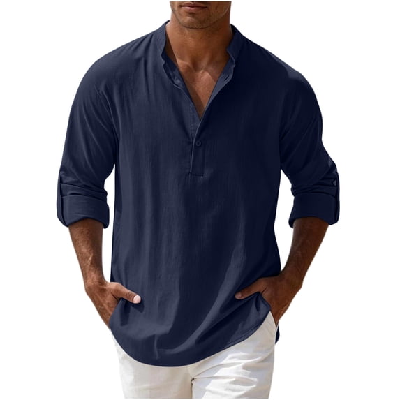 Men's Long Sleeve Cotton Linen Shirts Solid Color Faddish Stand Up Collar Button Down Pullover Shirt Casual Soft Comfort Workout T Shirts