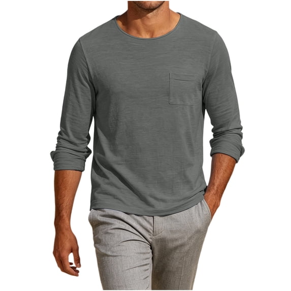 Men's Long Sleeve Cotton Shirts with Pocket Crew Neck Casual T-Shirt Solid Color Top Soft Comfortable Tee Shirts Men's Lightweight Pullover