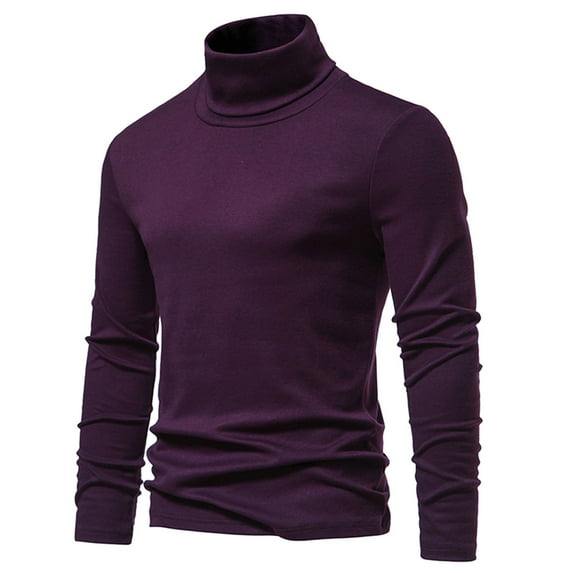 Men's Long Sleeve Cotton T Shirt Classic High Neck Casual Solid Color Tees Men High Elasticity Turtleneck Tops Blouse Shirts for Men, Purple&L