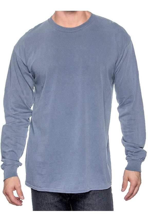 Men's Long Sleeve Cotton T-Shirt Crew Neck Pre-Washed Medium, Blue