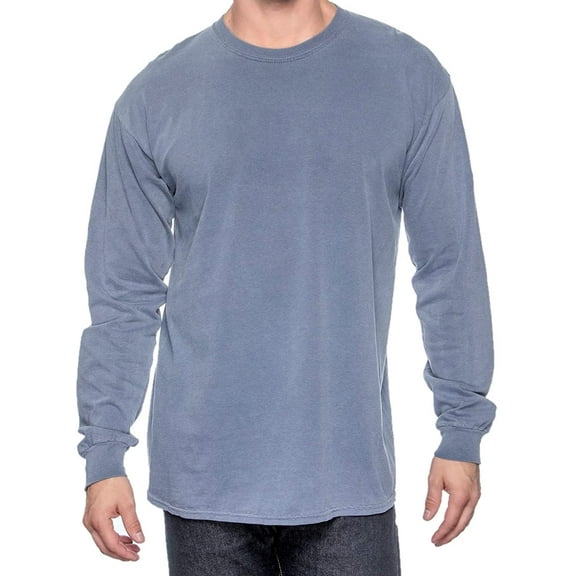 Men's Long Sleeve Cotton T-Shirt Crew Neck Pre-Washed Small, Blue