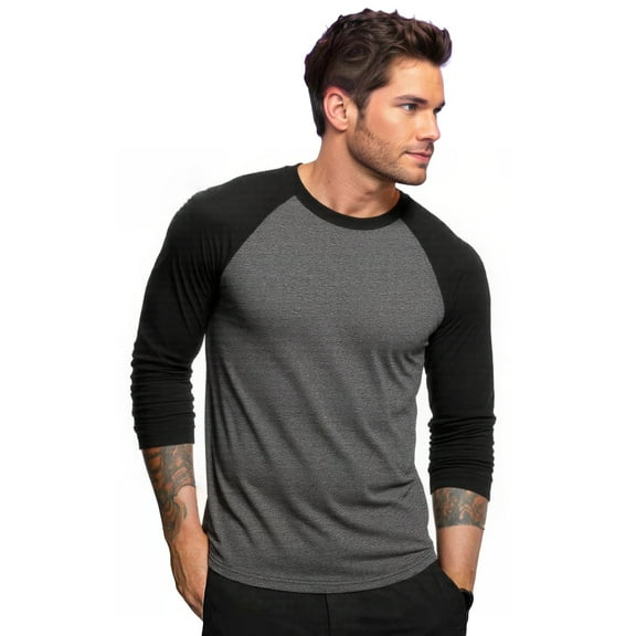 Men's Long Sleeve Crew Neck Baseball Shirt, Casual Dynamic Cotton Raglan T Shirts, Black/Charcoal Gray 3XL, 1 Count, 1 Pack