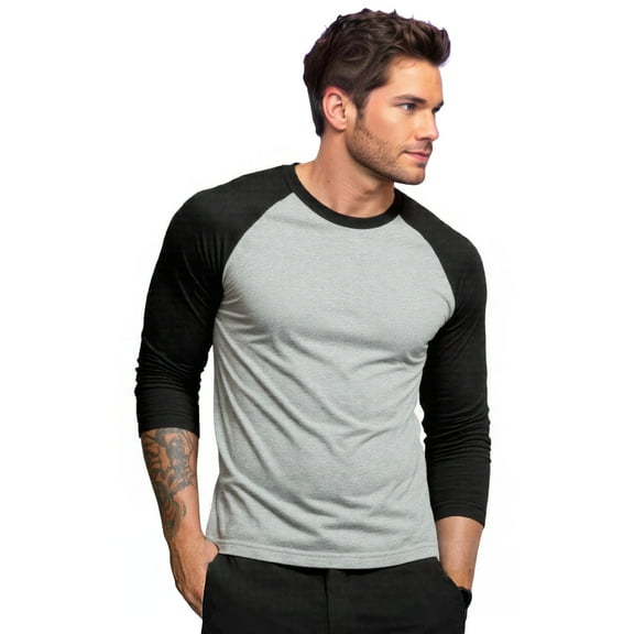 Men's Long Sleeve Crew Neck Baseball Shirt, Casual Dynamic Cotton Raglan T Shirts, Black/Light Gray L, 1 Count, 1 Pack
