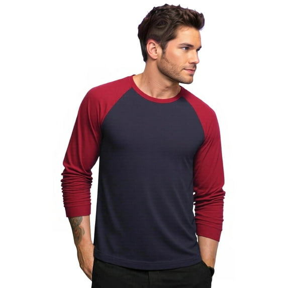 Men's Long Sleeve Crew Neck Baseball Shirt, Casual Dynamic Cotton Raglan T Shirts, Burgundy/Blue XL, 1 Count, 1 Pack