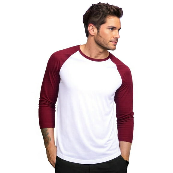 Men's Long Sleeve Crew Neck Baseball Shirt, Casual Dynamic Cotton Raglan T Shirts, Burgundy/White XL, 1 Count, 1 Pack