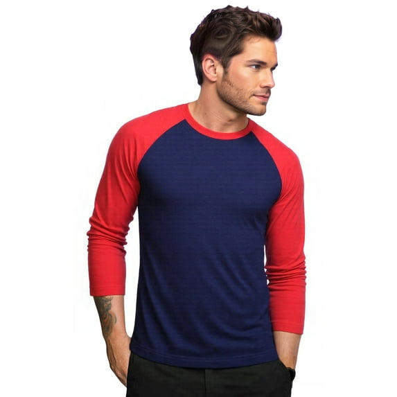 Men's Long Sleeve Crew Neck Baseball Shirt, Casual Dynamic Cotton Raglan T Shirts, Dark Red/Navy 3XL, 1 Count, 1 Pack