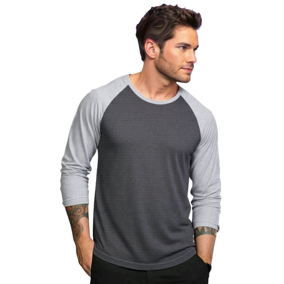 Men's Long Sleeve Crew Neck Baseball Shirt, Casual Dynamic Cotton Raglan T Shirts, Heather Gray/Charcoal Gray 3XL, 1 Count, 1 Pack