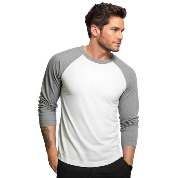 Men's Long Sleeve Crew Neck Baseball Shirt, Casual Dynamic Cotton Raglan T Shirts, Light Gray/White M, 1 Count, 1 Pack