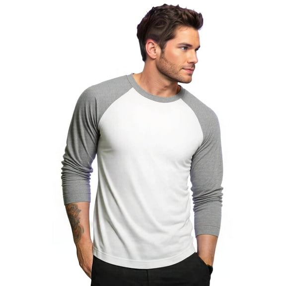 Men's Long Sleeve Crew Neck Baseball Shirt, Casual Dynamic Cotton Raglan T Shirts, Light Gray/White XL, 1 Count, 1 Pack