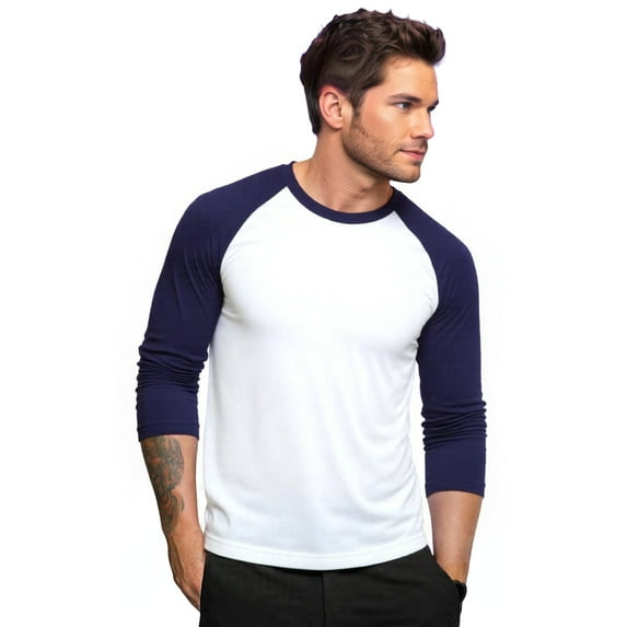Men's Long Sleeve Crew Neck Baseball Shirt, Casual Dynamic Cotton Raglan T Shirts, Navy/White L, 1 Count, 1 Pack