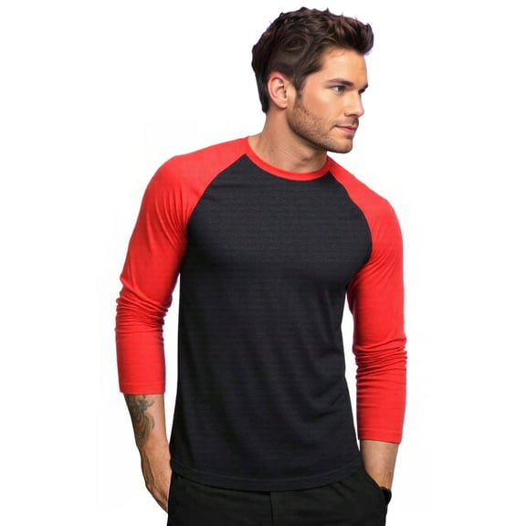 Men's Long Sleeve Crew Neck Baseball Shirt, Casual Dynamic Cotton Raglan T Shirts, Red/Black L, 1 Count, 1 Pack