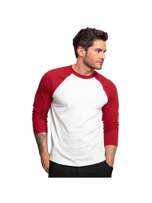 Men's Long Sleeve Crew Neck Baseball Shirt, Casual Dynamic Cotton Raglan T Shirts, Red/White L, 1 Count, 1 Pack