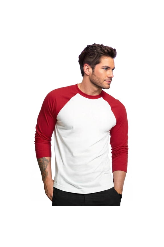 Men's Long Sleeve Crew Neck Baseball Shirt, Casual Dynamic Cotton Raglan T Shirts, Red/White S, 1 Count, 1 Pack