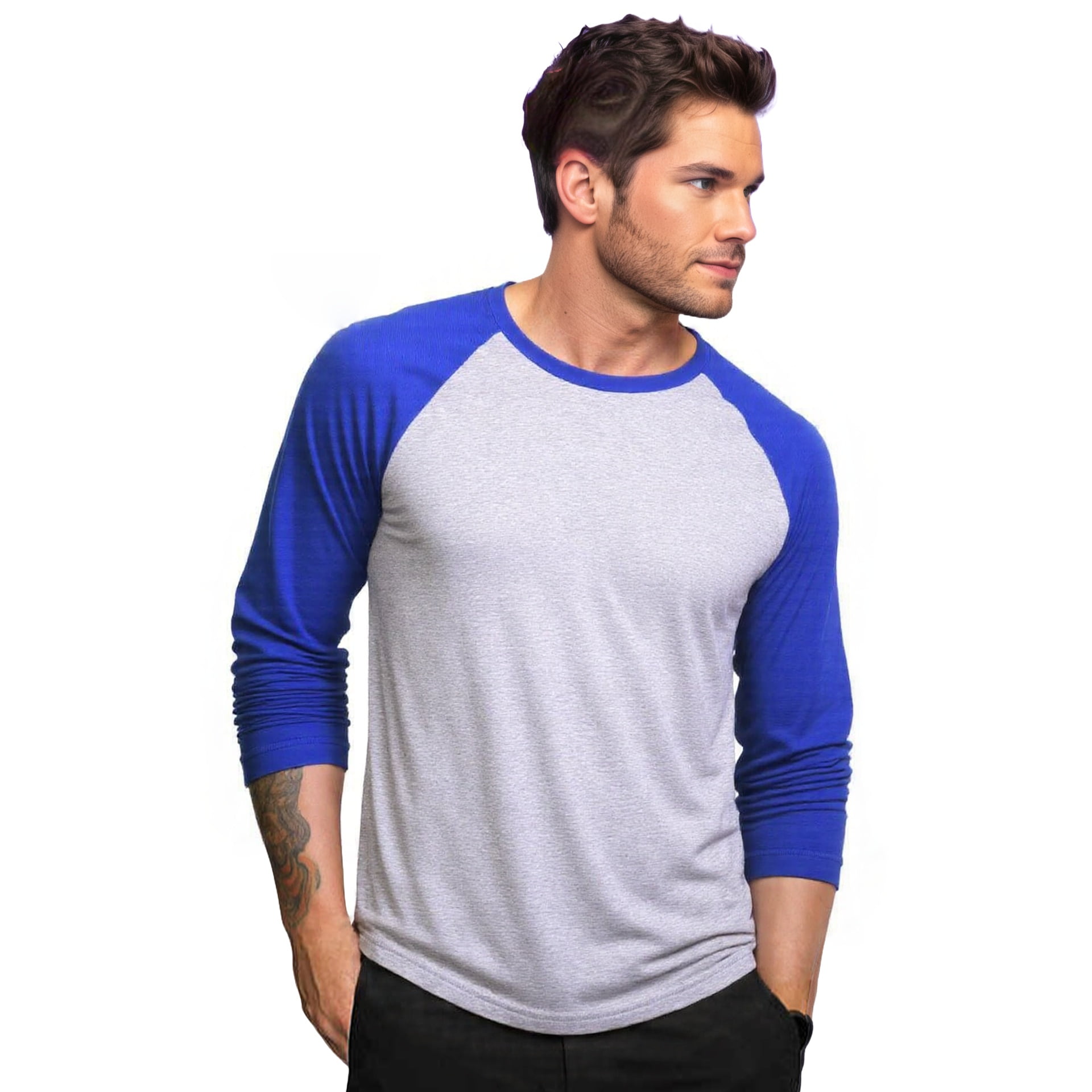トップス Raglan long sleeved tshirt blue Men's Long Sleeve Crew Neck Baseball Shirt, Casual Dynamic Cotton