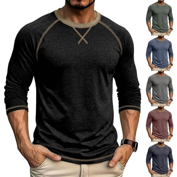Men's Long Sleeve Crew Neck Pullover T Shirt Casual Fashion Solid Color Slim Fit Sports Tops Fall Winter Lightweight Soft Comfort Shirts