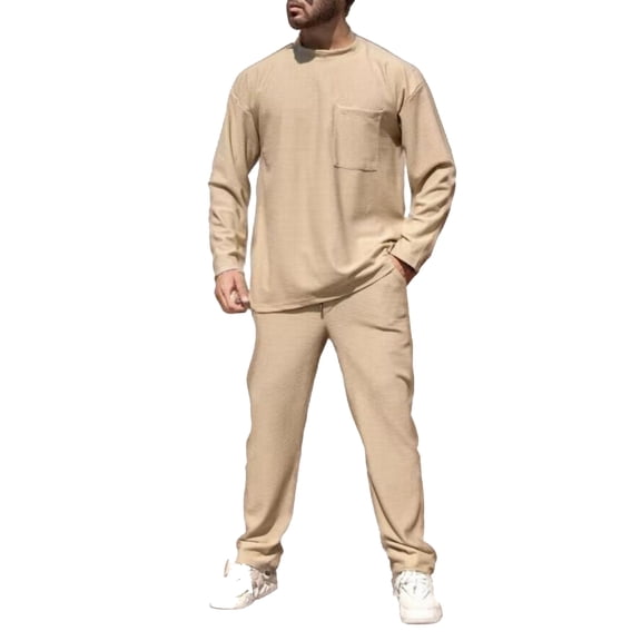 Men’s Long Sleeve Crew Neck Top and Pants Set with Pocket Casual Relaxed Fit Loungewear Two Piece Outfit for Daily Wear