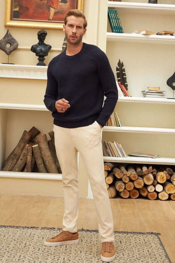 Men’s Long Sleeve Crewneck Pullover Sweater Navy Relaxed Fit Knit Top – MEDIUM