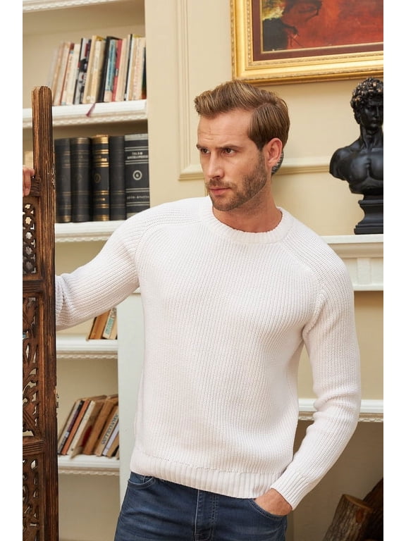 Men's Pullover Sweater, Long Sleeve, Crewneck, for Male, Relaxed Fit, White, Small