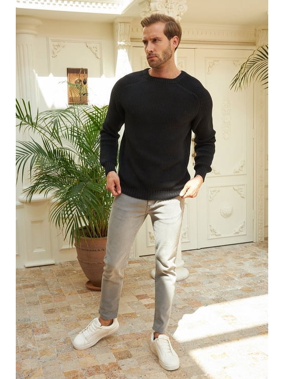 Men's Pullover Sweater, Long Sleeve, Crewneck, for Male, Relaxed Fit, Black, Large