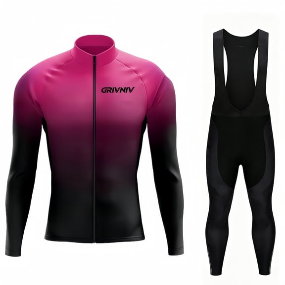 GRIVNIV Men's Long Sleeve Cycling Jersey Set, Quick Dry Breathable Padded Bib Suit for Road and Mountain Biking