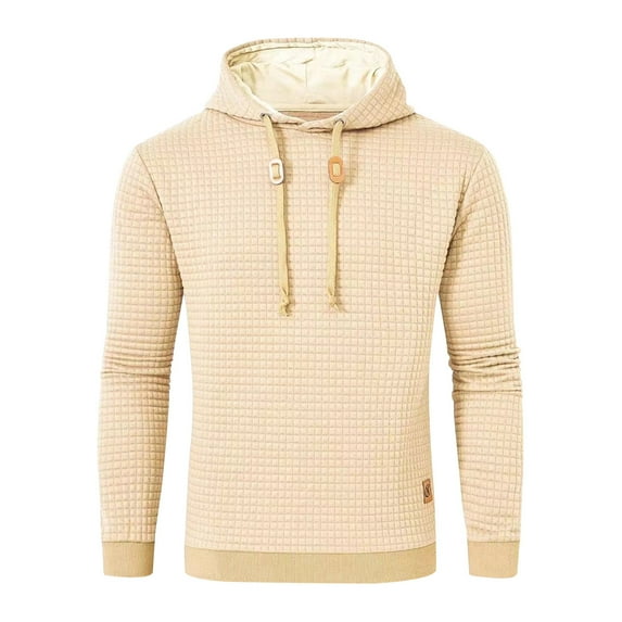 Men's Long Sleeve Drawstring Hoodies Pullover Waffle Tops with Hood Casual Solid Color Loose Sweatshirt for Men (Beige 2XL)