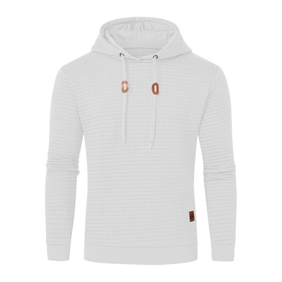 Men's Long Sleeve Drawstring Hoodies Pullover Waffle Tops with Hood Casual Solid Color Loose Sweatshirt for Men (White L)