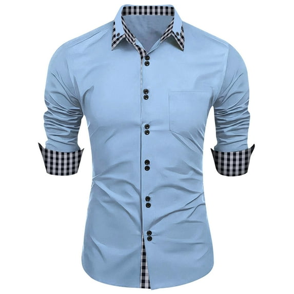 Men's Long Sleeve Dress Shirt Plaid Splicing Wrinkle-Free Regular Fit Button Down Stretch Business Shirts