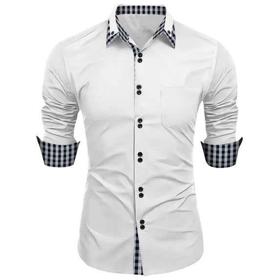 Men's Long Sleeve Dress Shirt Plaid Splicing Wrinkle-Free Regular Fit Button Down Stretch Business Shirts