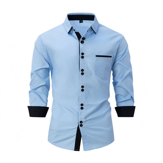 Men's Long Sleeve Dress Shirts Contrast Collar Regular Fit Untucked Shirt Casual Button Down Shirt for Summer Beach Wedding Big and Tall Size S-3XL Sky Blue