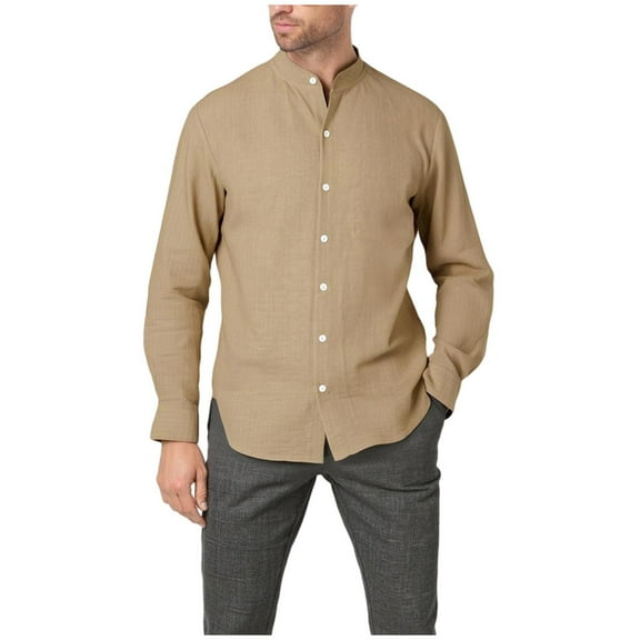 Men's Long Sleeve Dress Shirts Cotton Linen Business Casual Button Down Shirts Khaki S