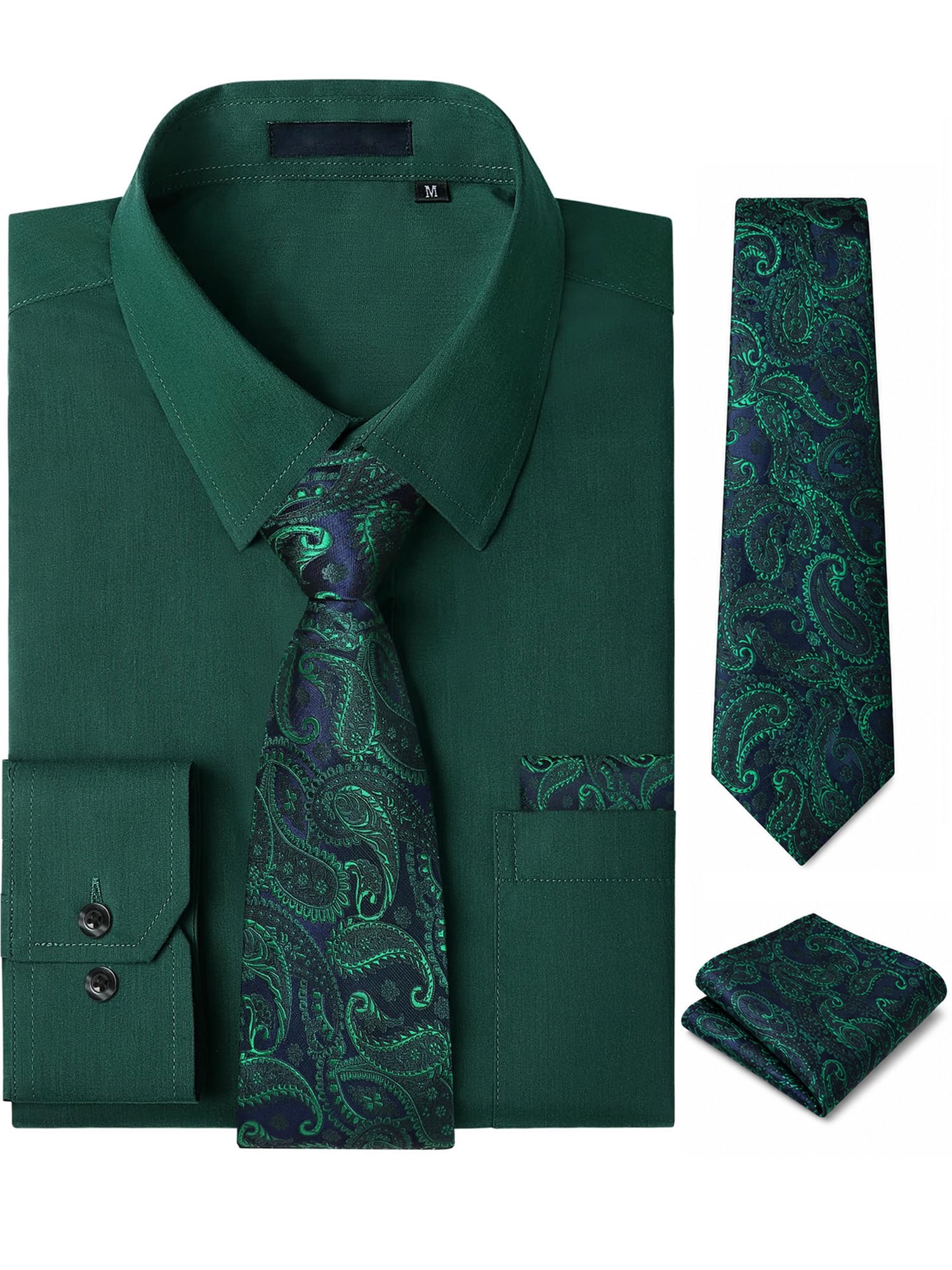 Sumtumn Mens Dress Shirt with Tie Pocket Square Set 3pcs Long Sleeve Shirts Matching Necktie Button Down Shirt, Men's, Size: Large, Green
