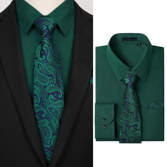 Men Dress Shirt with Tie Pocket Square Set Long Sleeve Shirts Matching Necktie Button Down Shirt 2XL