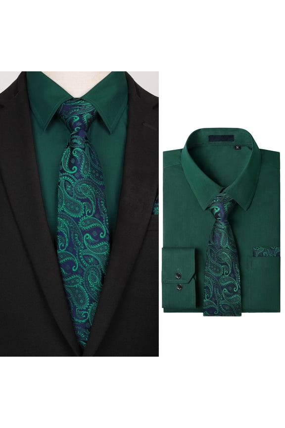 Men Dress Shirt with Tie Pocket Square Set Long Sleeve Shirts Matching Necktie Button Down Shirt 2XL