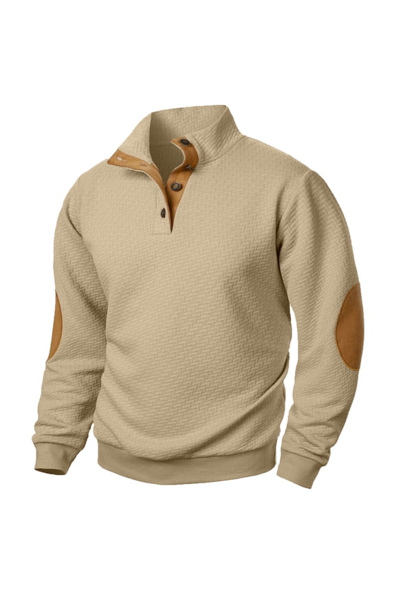 Men's Long Sleeve Elbow Patch Pullover Retro Solid Color Stand Collar Sweatshirts Button front Waffle-Knit Pullover Top