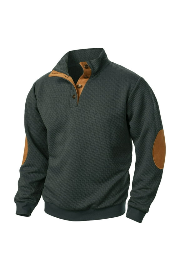 Men's Long Sleeve Elbow Patch Pullover Retro Solid Color Stand Collar Sweatshirts Button front Waffle-Knit Pullover Top