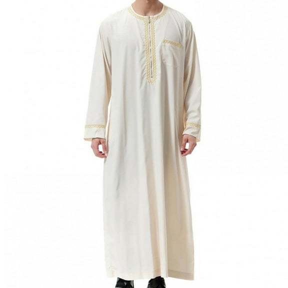 Men's Long Sleeve Embroidered Thawb Dishdasha Jubba Thobe Muslim Kaftan Clothing Beige L