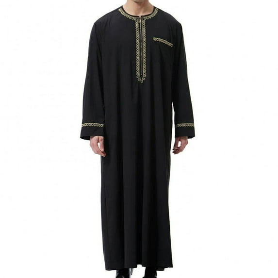 Men's Long Sleeve Embroidered Thawb Dishdasha Jubba Thobe Muslim Kaftan Clothing Black XXL