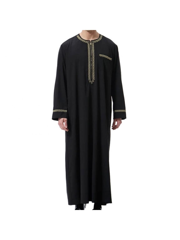 Men's Long Sleeve Embroidered Thawb Dishdasha Jubba Thobe Muslim Kaftan Clothing Black XXL