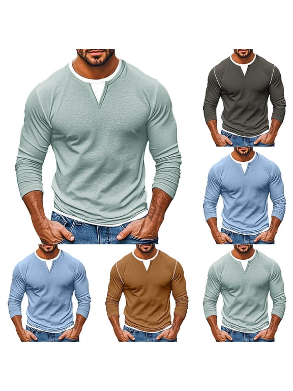 Men's Long Sleeve Fashion V-Neck T-Shirt Tops Fake Two Piece Double Layer Layered Splicing Casual Base Shirt Polyester Blend Breathable Trendy Layered Streetwear Style Gift