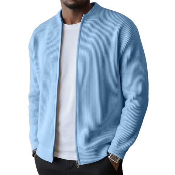 Men's Long Sleeve Fashionable Cardigan Jacket with Zipper for Casual and Trendy Outfits in Multiple Colors Available for Season Transition and Layering,Light Blue,L