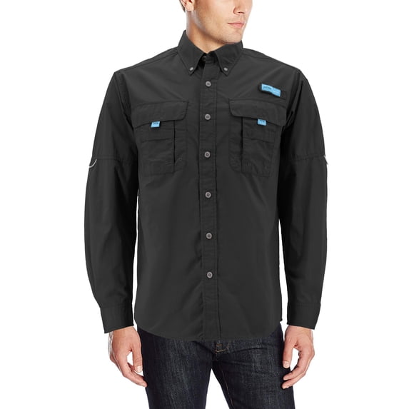 Men’s Long Sleeve Fishing Waterproof Quick Dry UPF 50+ Nylon Tuna Button Shirt (Black, XL)