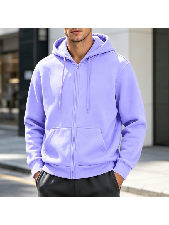 Men's Long Sleeve Full Zip Up Hoodie Casual Sweatshirt Relaxed Fit Soft with Kangaroo Pocket Drawstring Streetwear for Fall Winter Spring Daily Fashion Wear Style Guys Light Purple XXL