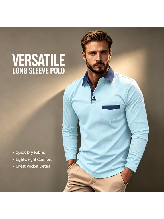 Men’s Long Sleeve Golf Shirts Casual Fashion Polos Breathable Tee Shirts Color Block Slim Fit Shirt with Pocket